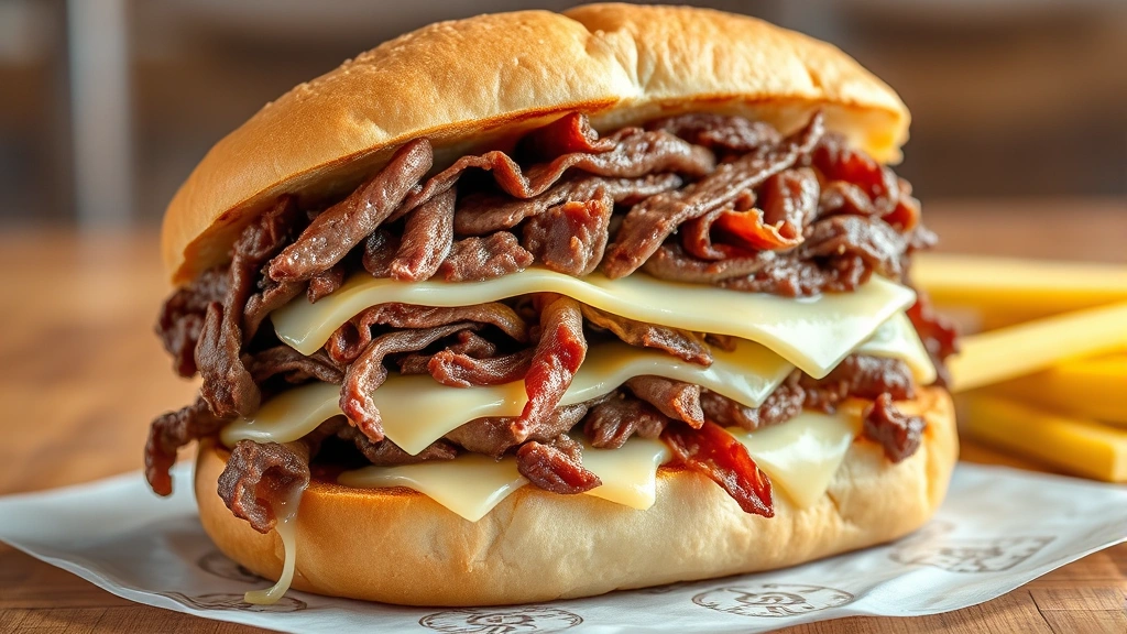 hero: Italian beef sandwich stacked high with melty provolone cheese and savory beef, served on crusty Italian roll, photorealistic, natural overhead lighting, no text
