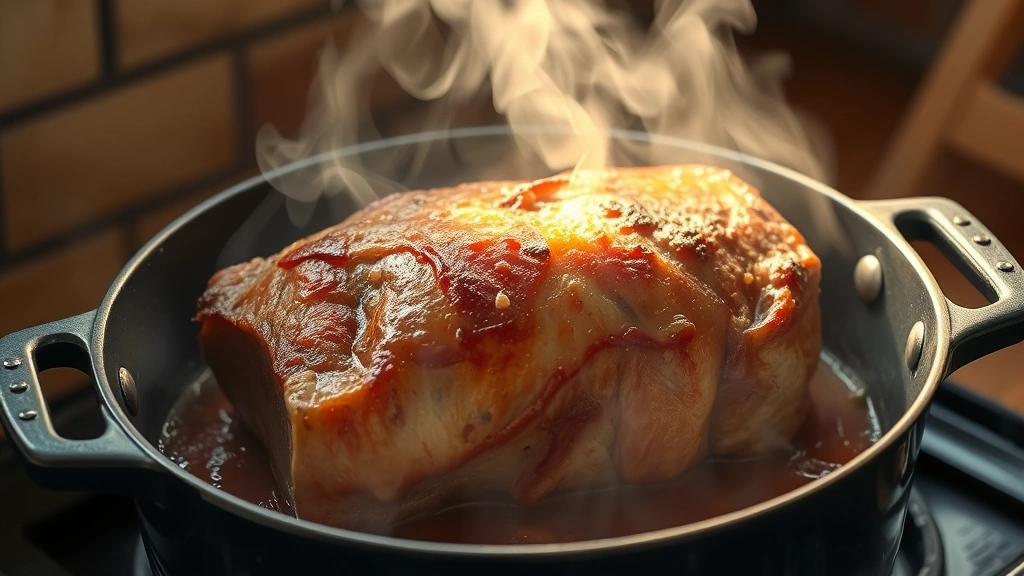 process: beef roast searing in Dutch oven with golden crust, steam rising, photorealistic, warm natural light, no text