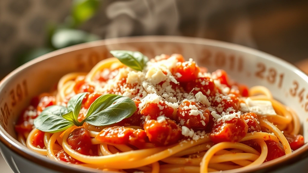 hero: steaming bowl of Italian drunken noodles with spaghetti coated in rich tomato wine sauce, fresh basil leaves and grated Pecorino Romano cheese on top, warm natural light streaming across, shallow depth of field, appetizing close-up, no text or watermarks