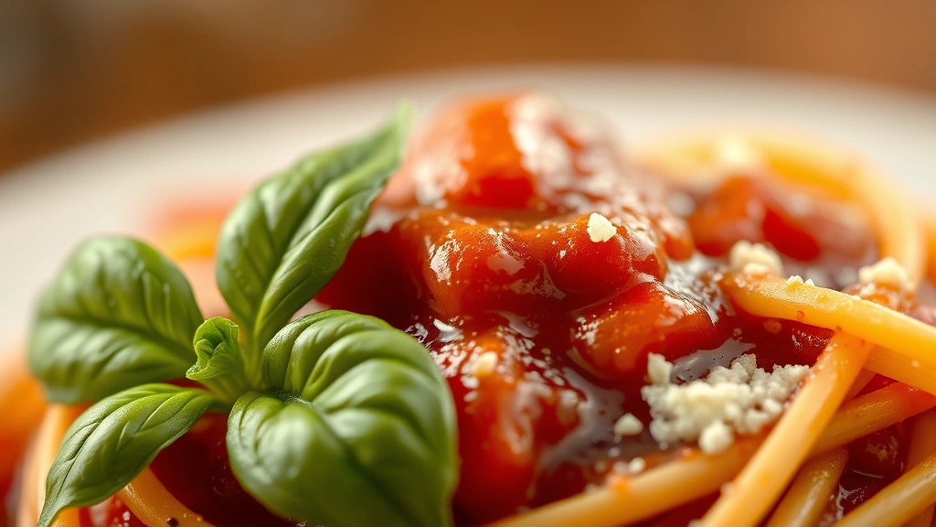 detail: close-up macro shot of single strand of spaghetti coated in glossy wine tomato sauce with fresh basil leaf and cheese, droplets of sauce visible, shallow focus, warm golden lighting, no text or watermarks