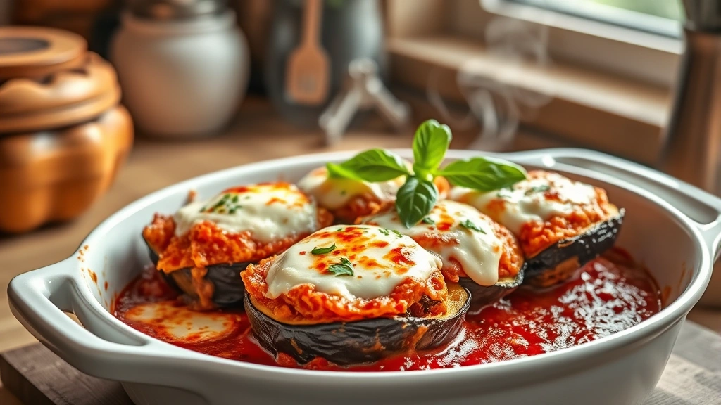 hero: golden-brown baked eggplant parmesan in a white ceramic baking dish, melted mozzarella cheese on top, fresh basil garnish, steam rising, natural daylight from window, cozy Italian kitchen aesthetic, no text or watermarks