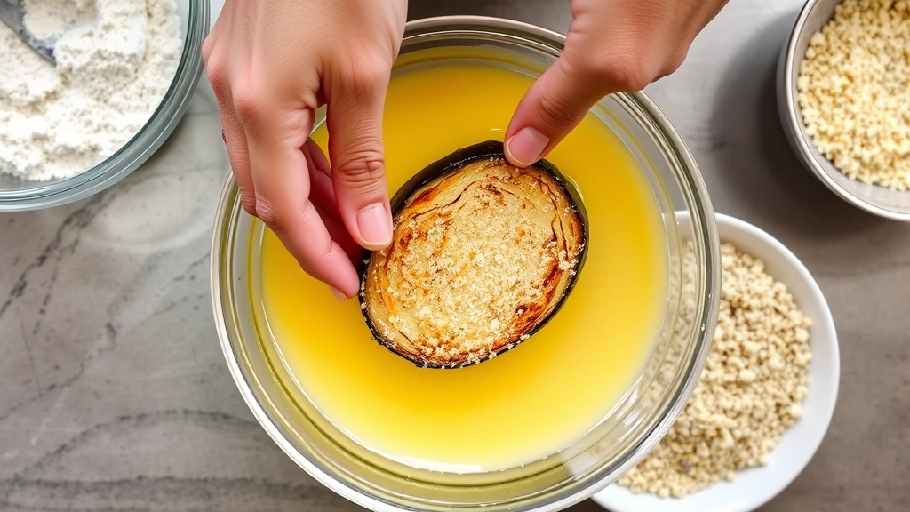 process: hands dipping breaded eggplant slice into egg mixture, flour and panko bowls visible, professional cooking technique, natural kitchen lighting, overhead shot, no text or watermarks