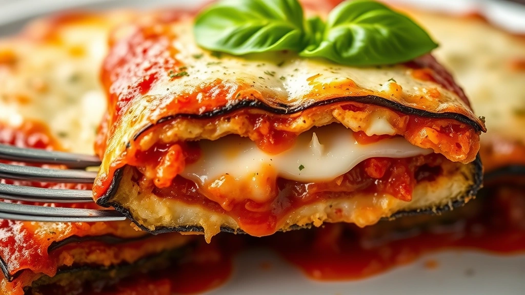 detail: close-up cross-section of eggplant parmesan showing layers of crispy eggplant, red marinara sauce, melted mozzarella, and golden crust, fork lifting a piece, fresh basil leaf on top, natural lighting, macro photography style, no text or watermarks