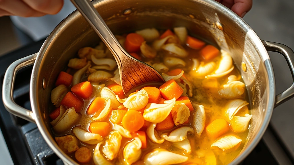 process: chef stirring soffritto vegetables in pot, onions and carrots visible, golden olive oil glistening, natural kitchen light, candid cooking moment, no text