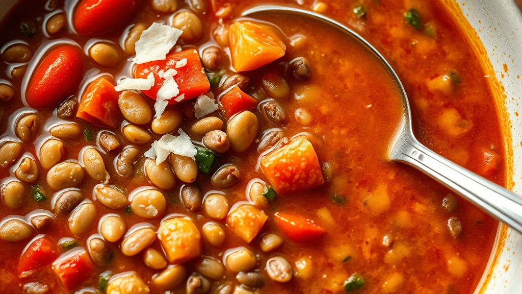 detail: close-up of lentil soup texture showing lentils, tomatoes, and vegetables, spoon resting in bowl, parmesan shavings on top, macro photography, natural light, no text