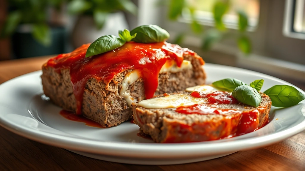 hero: sliced Italian meatloaf with melted mozzarella and tomato glaze, fresh basil garnish on white plate, warm natural window light, shallow depth of field, professional food photography