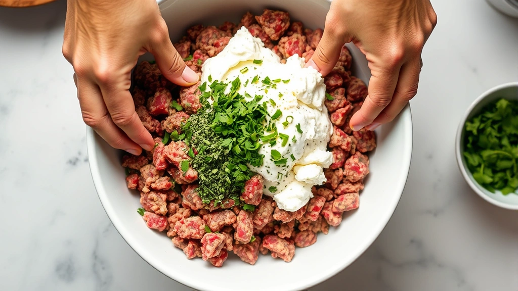 process: hands mixing ground beef and sausage with ricotta and herbs in white bowl, bright kitchen lighting, overhead angle, ingredients visible