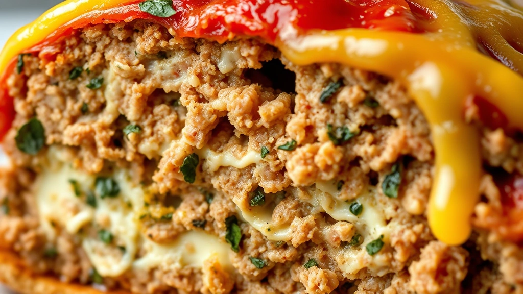 detail: close-up cross-section of Italian meatloaf showing creamy ricotta interior and herb flecks, golden mozzarella topping, tomato glaze, natural light, macro photography