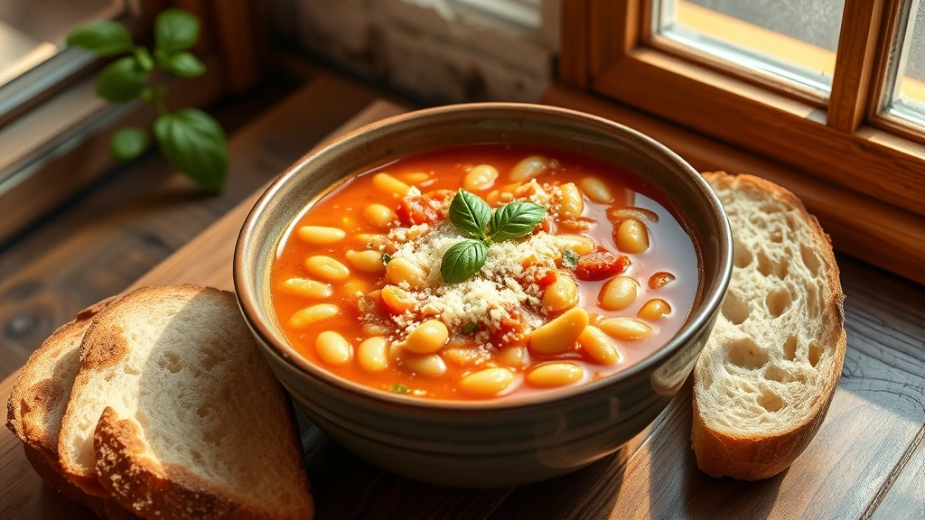 hero: steaming bowl of Italian pasta fagioli soup with white cannellini beans and small pasta in rich tomato broth, topped with fresh basil and grated Parmigiano-Reggiano cheese, crusty Italian bread beside bowl, warm natural window light, rustic wooden table