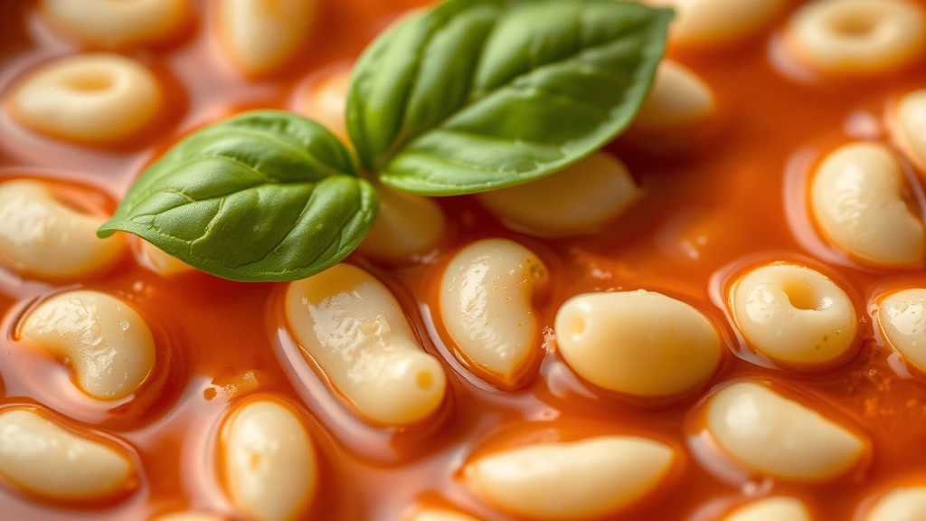 detail: close-up macro shot of creamy white cannellini beans and small ditalini pasta suspended in rich red tomato broth, fresh green basil leaf, golden olive oil drizzle, shallow depth of field