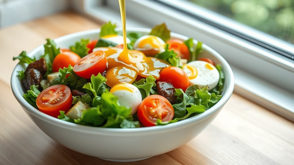 hero: Beautiful Italian salad in a white ceramic bowl with vibrant mixed greens, cherry tomatoes, and fresh mozzarella, golden Italian dressing being drizzled over top, photorealistic, natural window light, no text