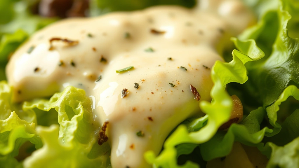 detail: Close-up of creamy Italian dressing coating crisp lettuce leaves with visible herbs and garlic specks, shallow depth of field, photorealistic, natural light, no text