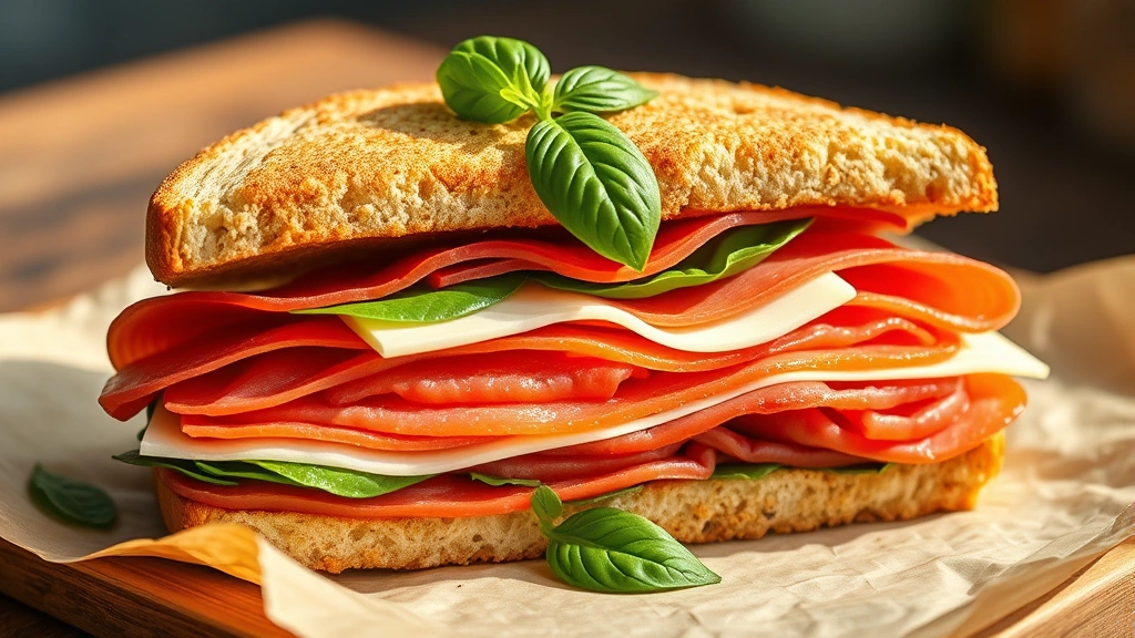 hero: beautiful Italian sandwich cut diagonally showing layers of capicola, mortadella, provolone, tomato, and basil, served on parchment paper with fresh basil garnish, photorealistic, natural sunlight, no text