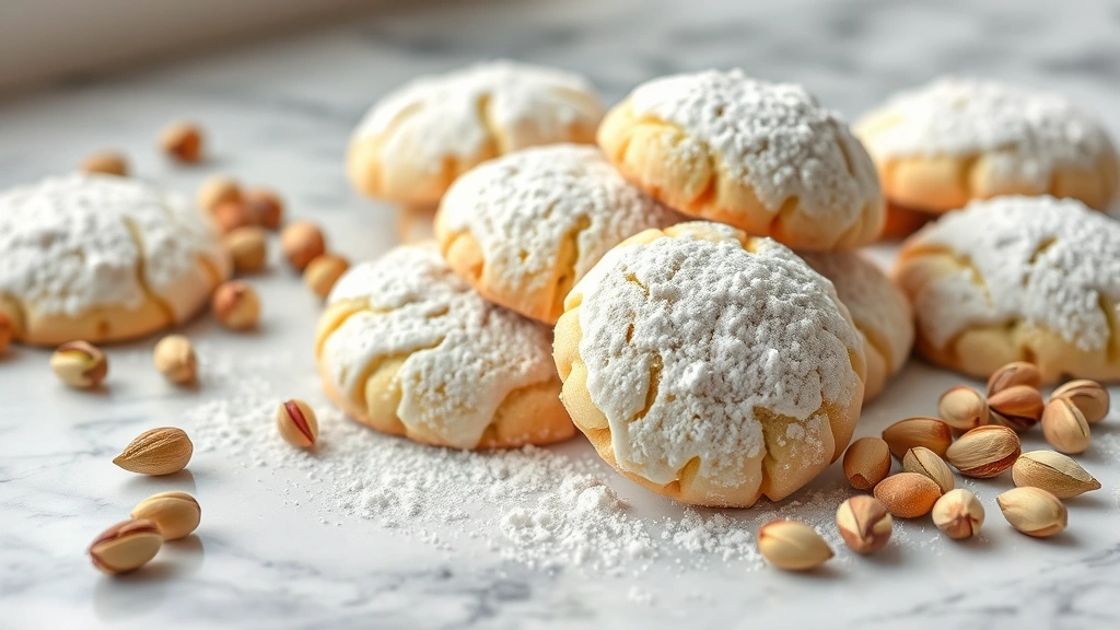 hero: Italian wedding cookies coated in powdered sugar on a marble surface with fresh pistachios scattered nearby, photorealistic, natural window light, no text