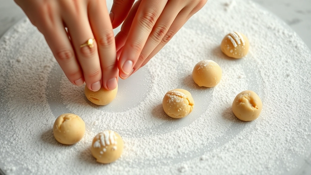 process: hands rolling cookie dough into small balls, powdered sugar dusting surface, photorealistic, natural light, no text