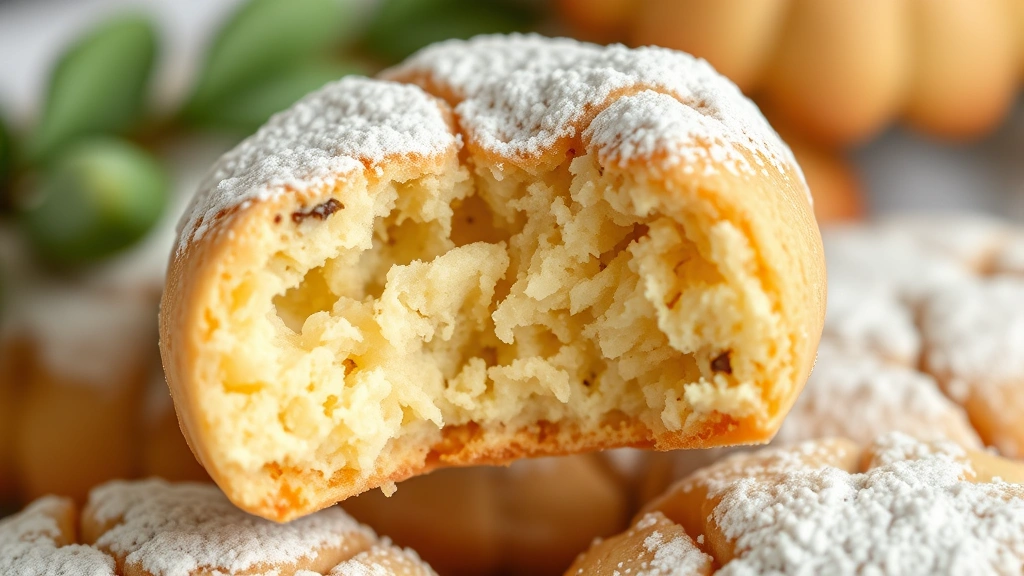 detail: close-up of single Italian wedding cookie showing texture and powdered sugar coating, photorealistic, natural light, no text