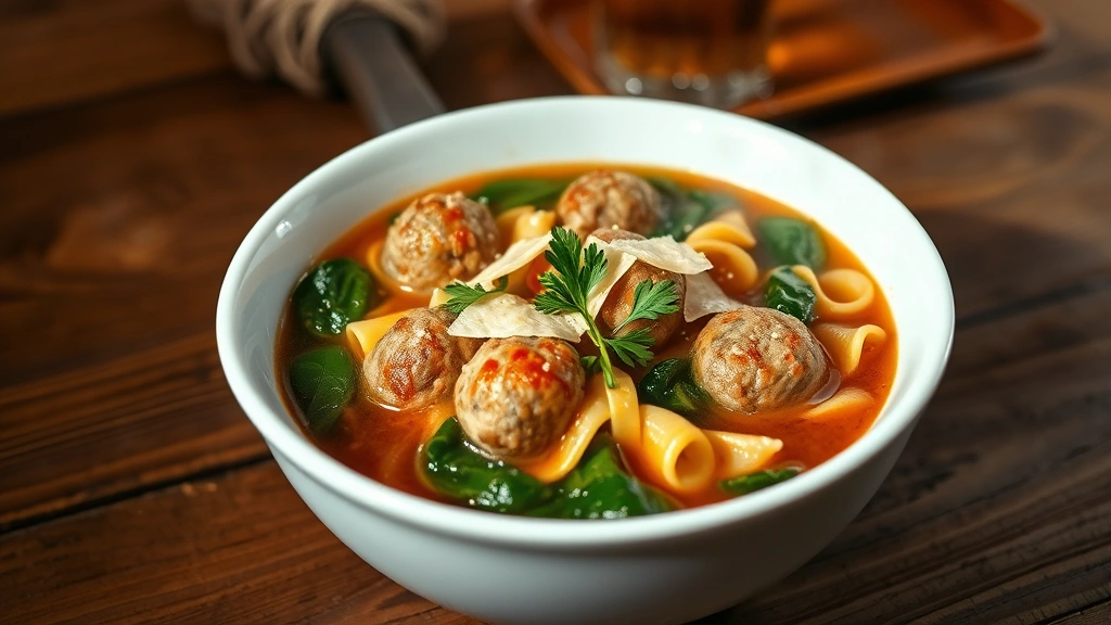 hero: steaming bowl of Italian wedding soup with meatballs, spinach, and pasta in rich broth, garnished with fresh Parmesan and parsley, natural warm lighting, white ceramic bowl, rustic wooden table background, appetizing and inviting