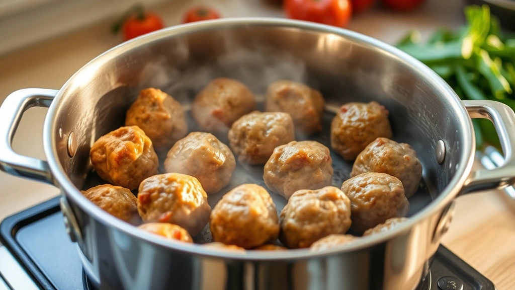 process: meatballs sizzling in pot being browned, golden meatballs in stainless steel pot, cooking action shot, steam rising, natural kitchen lighting, vegetables in background