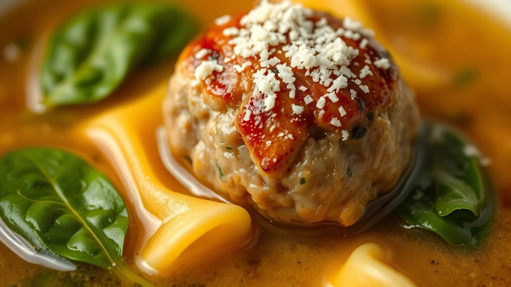 detail: close-up macro shot of single meatball in broth with spinach leaf and pasta piece, rich golden broth, grated Parmesan cheese on top, shallow depth of field, professional food photography style