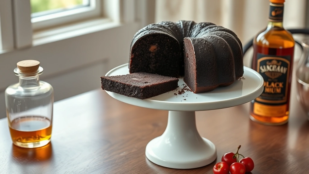 hero: whole jamaican black cake on white cake stand, deep dark brown almost black color, sliced to show moist interior, candied fruits visible, natural window light, elegant table setting with rum bottle nearby, no text