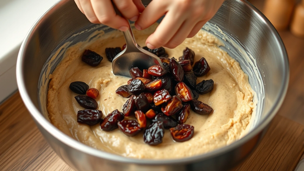 process: hands folding dark rum-soaked dried fruits into thick batter in stainless steel bowl, close-up showing texture and fruit distribution, natural kitchen light, no text