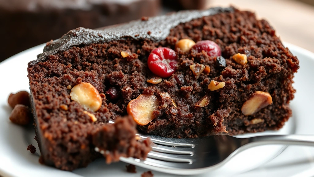 detail: close-up cross-section of jamaican black cake showing tender crumb, dark molasses color, plump soaked fruits and nuts throughout, slice on white plate with fork, natural light, no text