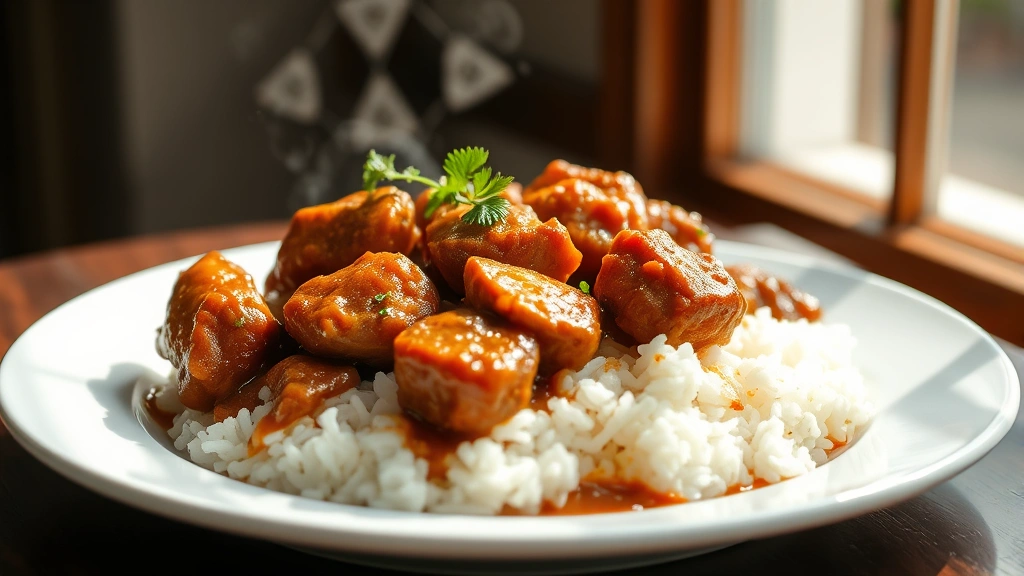 hero: Jamaican brown stew chicken served over white rice on a white plate, golden-brown chicken pieces glistening with rich brown sauce, fresh thyme garnish, steam rising, bright natural window light, Caribbean style plating, no text