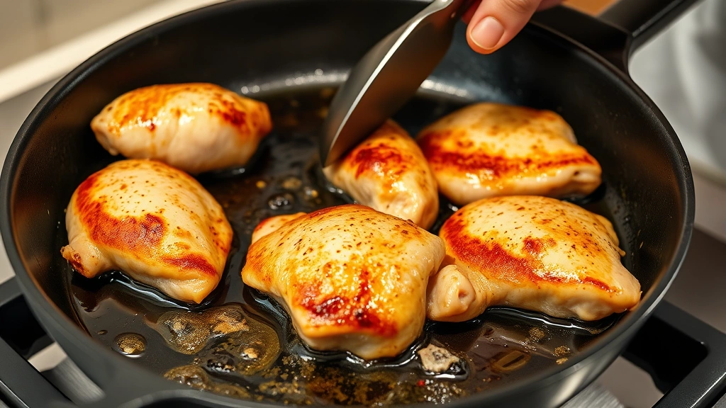 process: chicken pieces browning in cast iron skillet with oil sizzling, golden crispy skin forming, chef's hands using tongs, close angle showing texture, natural kitchen lighting, professional food photography, no text
