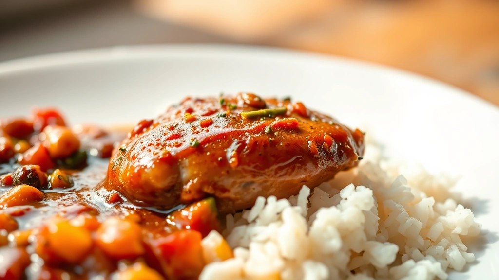 detail: close-up macro shot of single piece of brown stew chicken on white plate, glossy caramelized sauce coating, visible herbs and spices, soft-focused rice background, warm natural light creating shadows and depth, appetizing food styling, no text