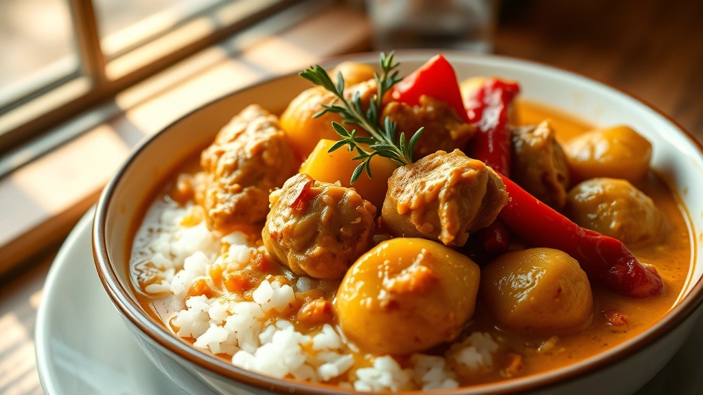 hero: steaming bowl of Jamaican curry chicken with golden-brown chicken pieces, tender potatoes, and vibrant red peppers in creamy coconut curry sauce, served over white rice, warm natural window lighting, garnished with fresh thyme sprigs, no text