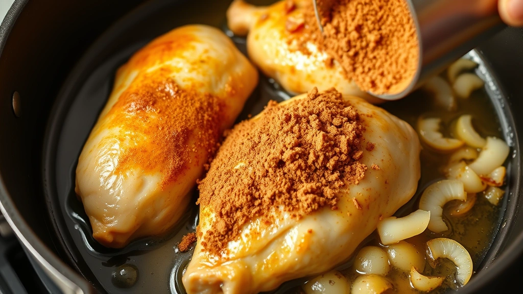 process: close-up of chicken browning in hot oil in cast iron pot with visible golden crust and caramelization, curry powder being added to onions and garlic, natural kitchen lighting, no text