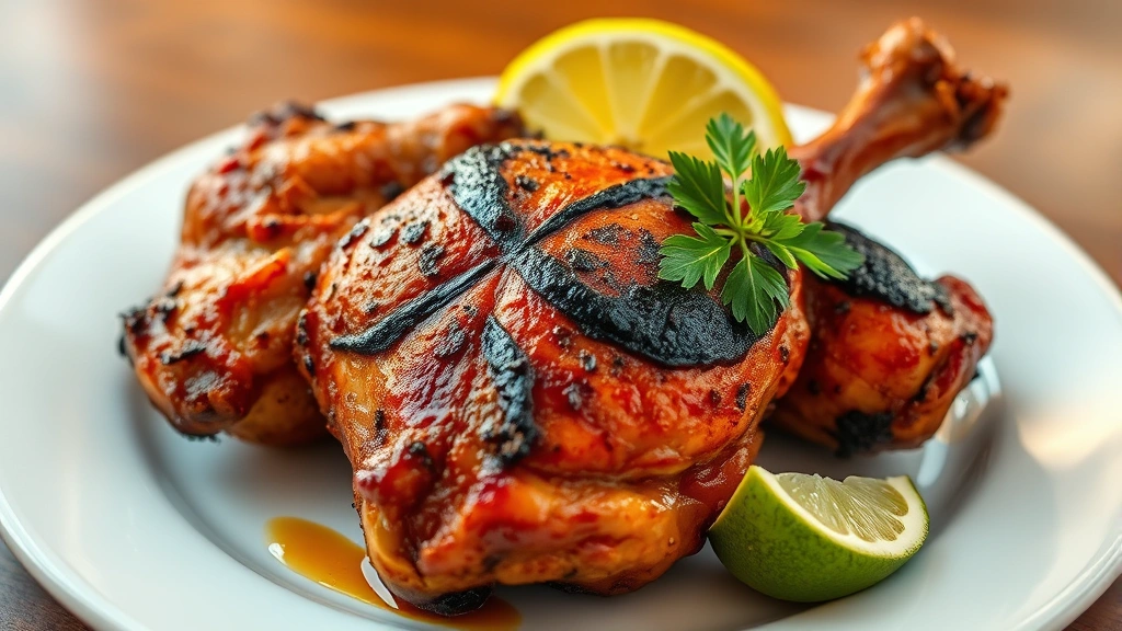 hero: Jamaican jerk chicken on white plate, glistening skin with char marks, lime wedges, fresh thyme garnish, warm golden lighting, no text, appetizing
