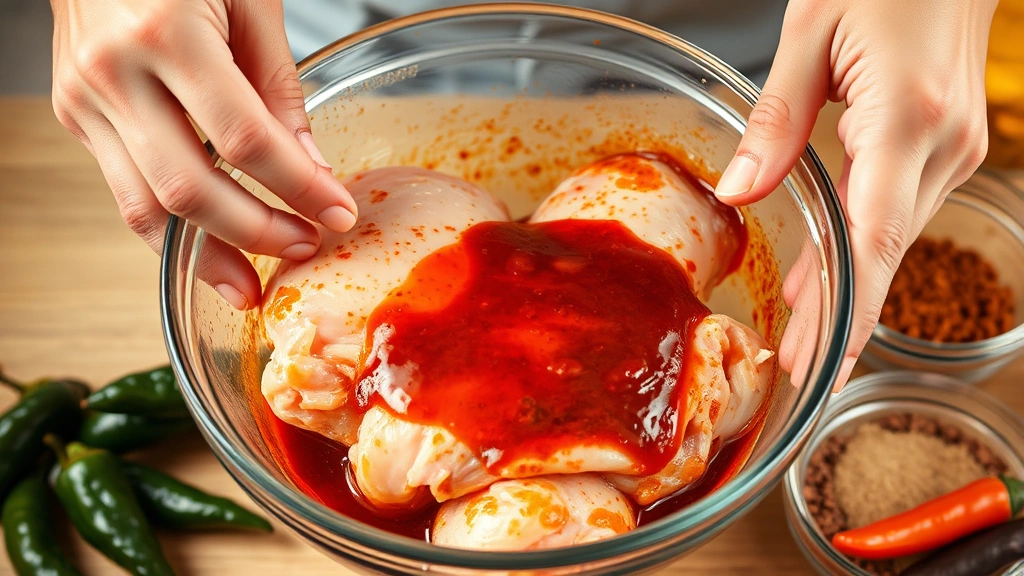 process: hands coating raw chicken with deep red-brown jerk marinade in glass bowl, fresh scotch bonnet peppers and spices visible, natural kitchen light, no text