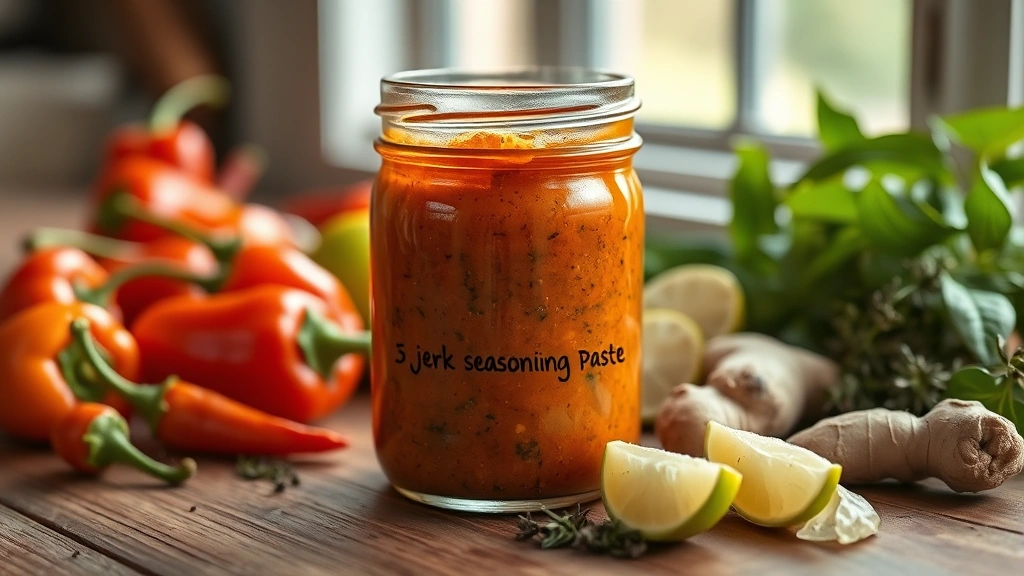 hero: vibrant Jamaican jerk seasoning paste in a clear glass jar, surrounded by fresh Scotch bonnet peppers, lime, ginger, and thyme, warm natural window light, rustic wooden table, shallow depth of field