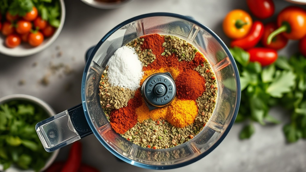 process: food processor bowl filled with colorful spice blend mixture, fresh herbs and peppers visible, overhead shot, natural daylight, professional kitchen setting