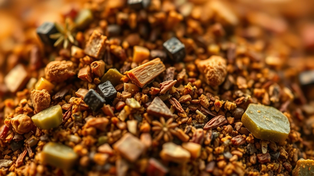 detail: close-up macro shot of finished jerk seasoning texture showing the chunky spice blend with visible pepper pieces, thyme, and spices, warm golden lighting, shallow focus