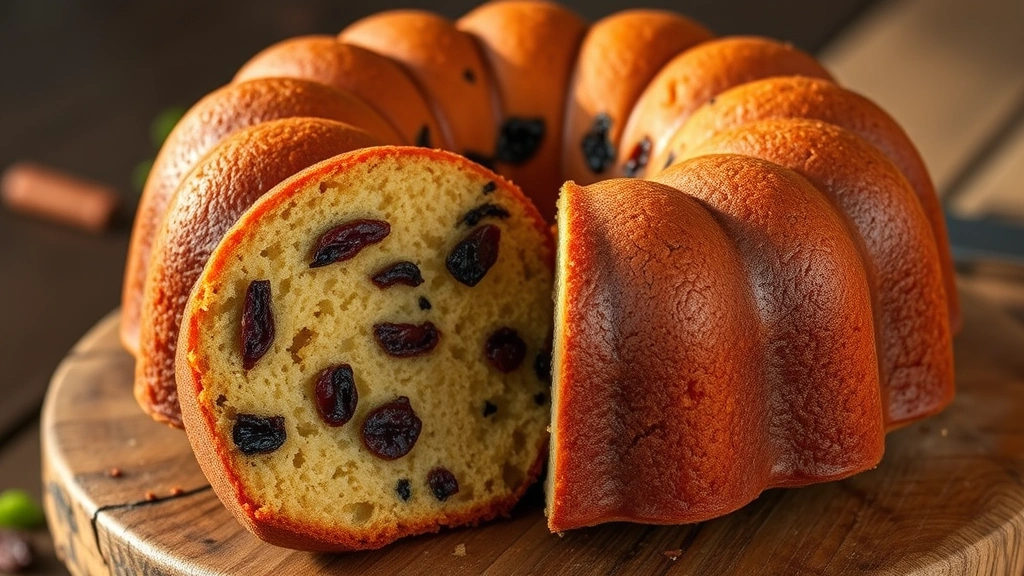 hero: golden-brown Jamaican rum cake in Bundt pan form, sliced to show moist interior studded with dark raisins and currants, sitting on rustic wooden surface, warm golden hour lighting, shallow depth of field, no text