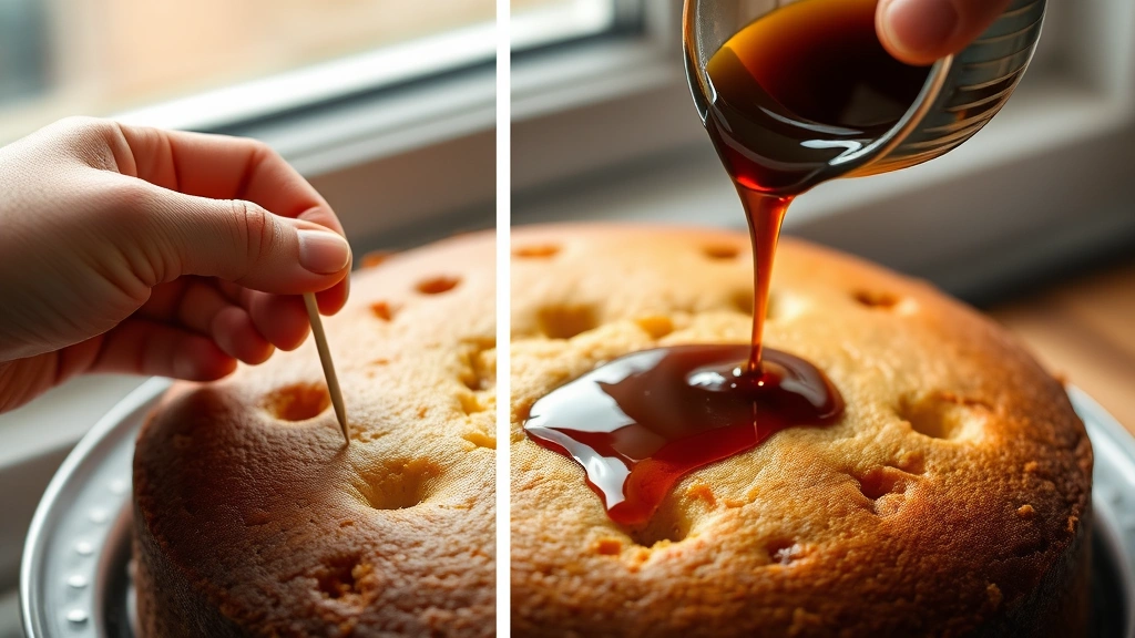 process: hand poking holes in warm cake with toothpick, dark rum syrup being brushed over top of cake, close-up action shot, natural window lighting, no text