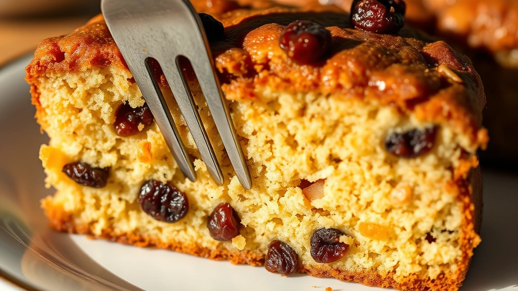 detail: extreme close-up of single slice of rum cake showing dense moist crumb texture with visible soaked raisins and currants, fork gently breaking into cake, warm afternoon light, no text