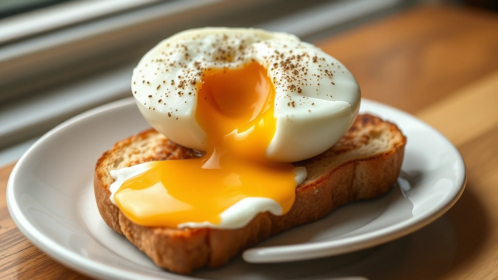 hero: jammy egg cut in half on buttered toast showing perfectly runny golden yolk flowing onto toast, fleur de sel and fresh cracked pepper sprinkled on top, soft natural window light, no text or watermarks