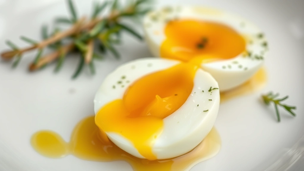 detail: close-up macro shot of perfectly cooked jammy egg cut in half on white plate, golden runny yolk flowing down sides, fresh herbs and olive oil drizzle visible, shallow depth of field, natural soft lighting, no text
