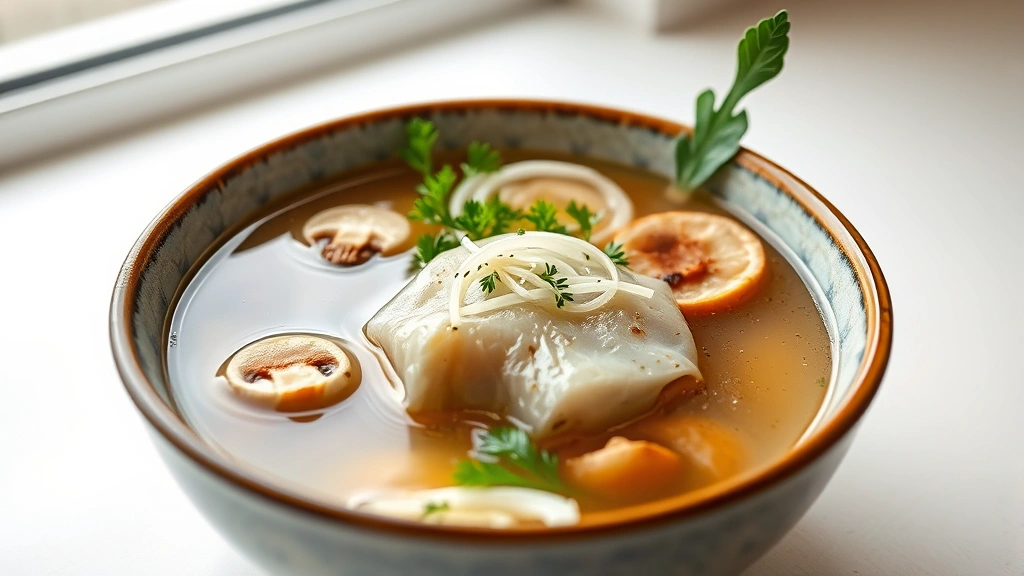 hero: beautiful Japanese clear soup in ceramic bowl with shiitake mushrooms, fish cake, daikon, and garnish, photorealistic, natural window light, minimalist white background, no text