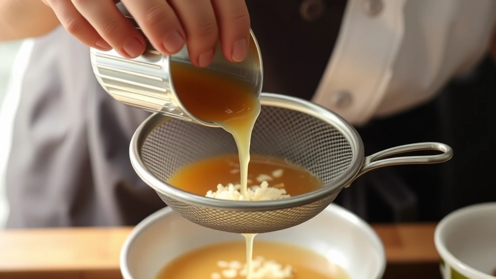 process: chef carefully pouring dashi through fine mesh strainer with bonito flakes, photorealistic, natural kitchen light, no text
