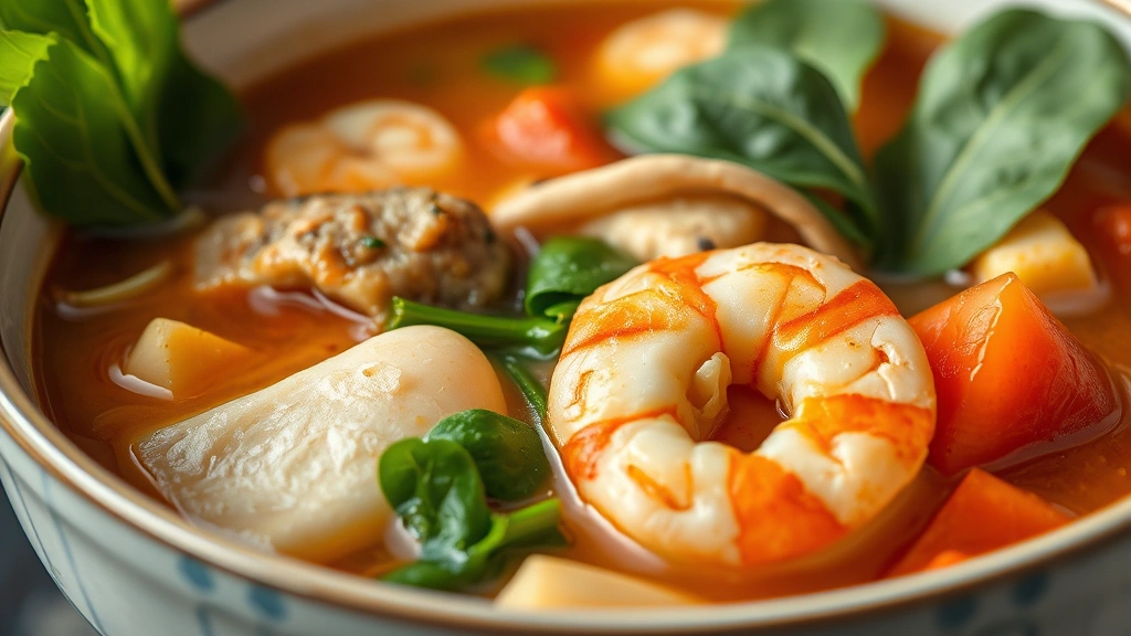 detail: close-up of soup bowl showing layers of ingredients—shrimp, vegetables, fish cake, fresh spinach garnish—photorealistic, natural light, no text