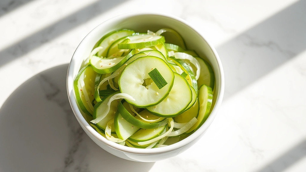 hero: Japanese cucumber salad in a white ceramic bowl, thinly sliced cucumbers with sesame seeds and green onions, translucent dressing visible, natural sunlight streaming across white marble surface, fresh and vibrant, no text