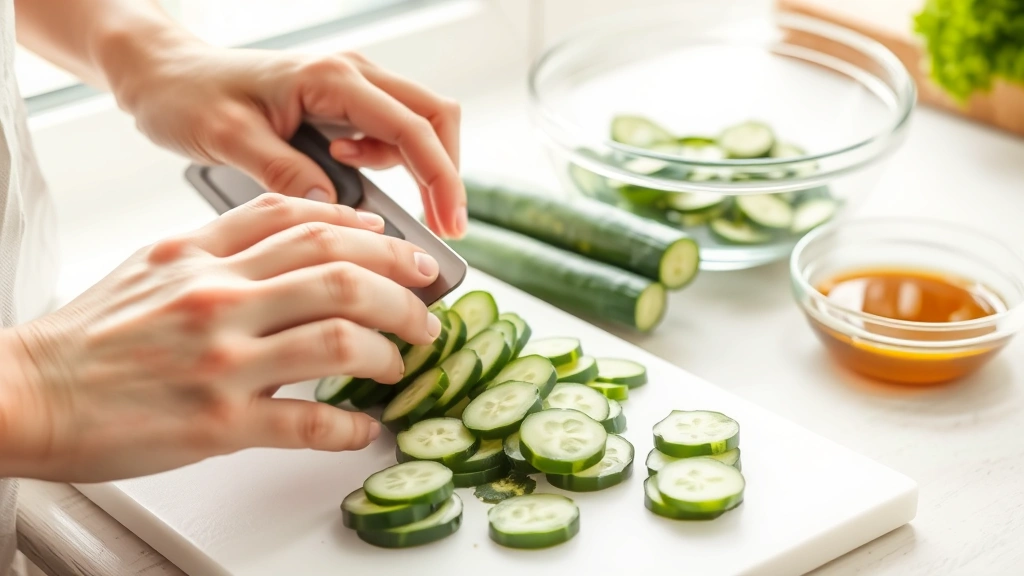 process: hands using a mandoline to slice cucumbers thinly, white cutting board, fresh Japanese cucumbers, clear glass bowl with dressing in background, natural kitchen window light, no text