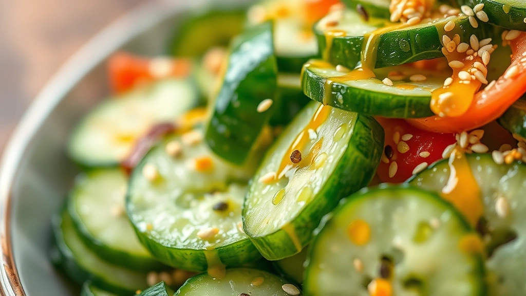 detail: close-up of cucumber salad showing individual sliced cucumbers, sesame seeds, drizzle of dressing, glistening moisture on vegetables, soft focus background, natural light, no text
