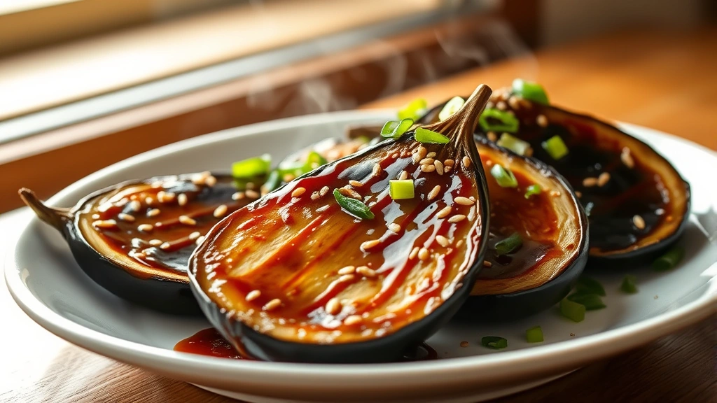 hero: Japanese eggplant halves with glossy miso-butter glaze, garnished with sesame seeds and green onions, on white ceramic plate, warm natural window light, steam rising, no text