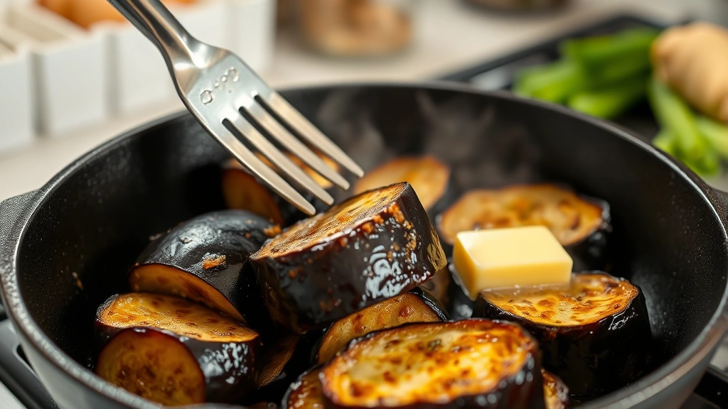 process: Japanese eggplant being seared in cast iron skillet, golden caramelization visible, garlic and ginger aromatics, butter melting, professional kitchen lighting, no text