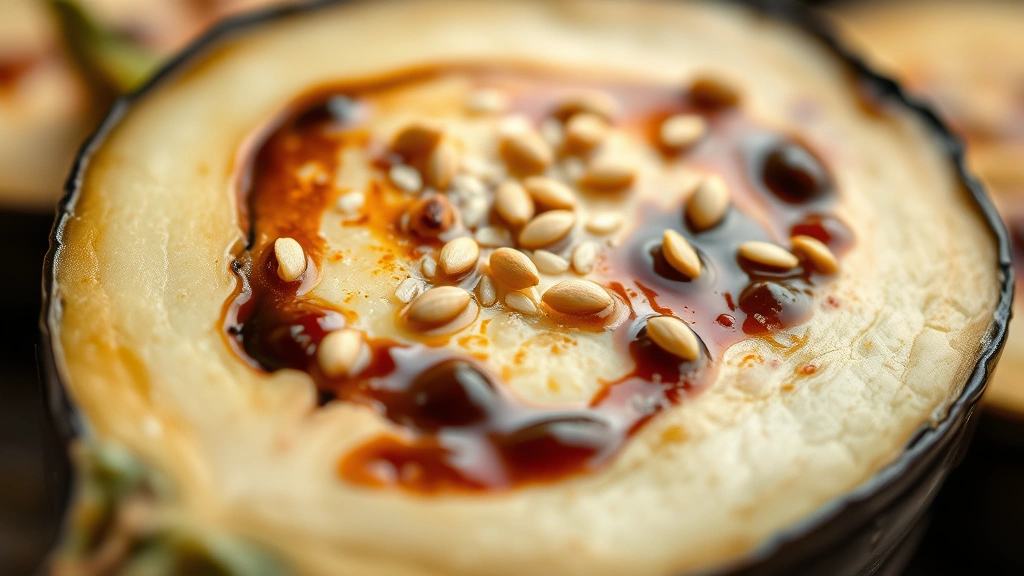 detail: close-up of Japanese eggplant cross-section showing tender flesh with miso glaze, sesame seeds scattered on top, shallow depth of field, natural daylight, no text